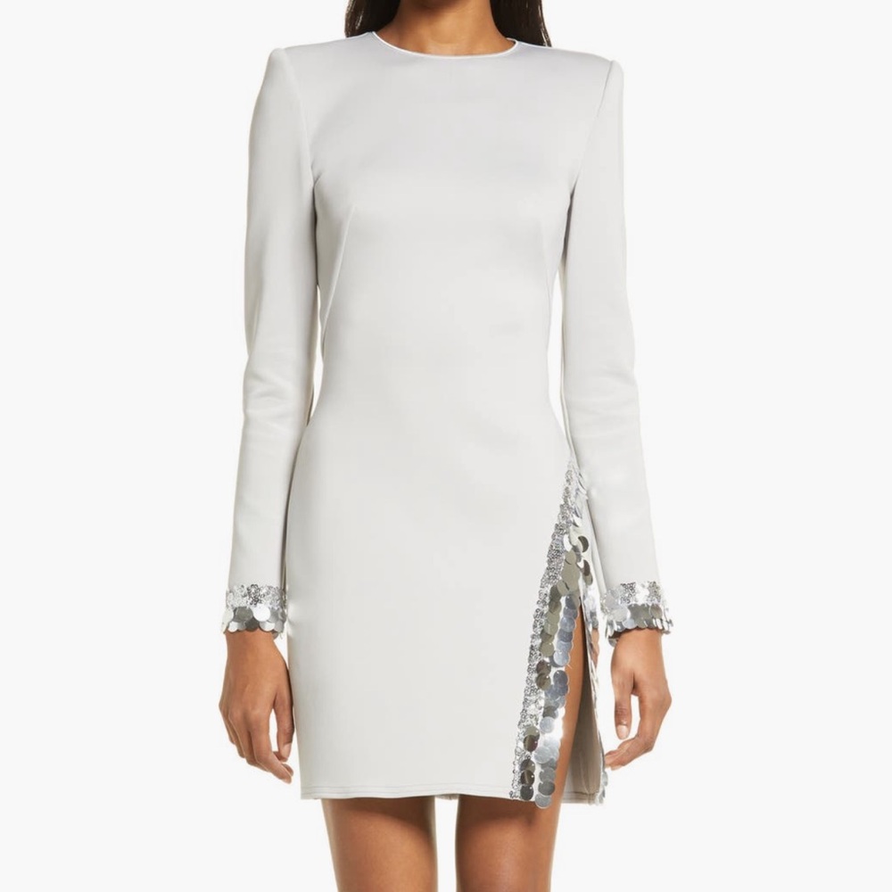 SHO by Tadashi Shoji Silver Asymmetrical Sequin Cocktail Dress NWT sexy slit M